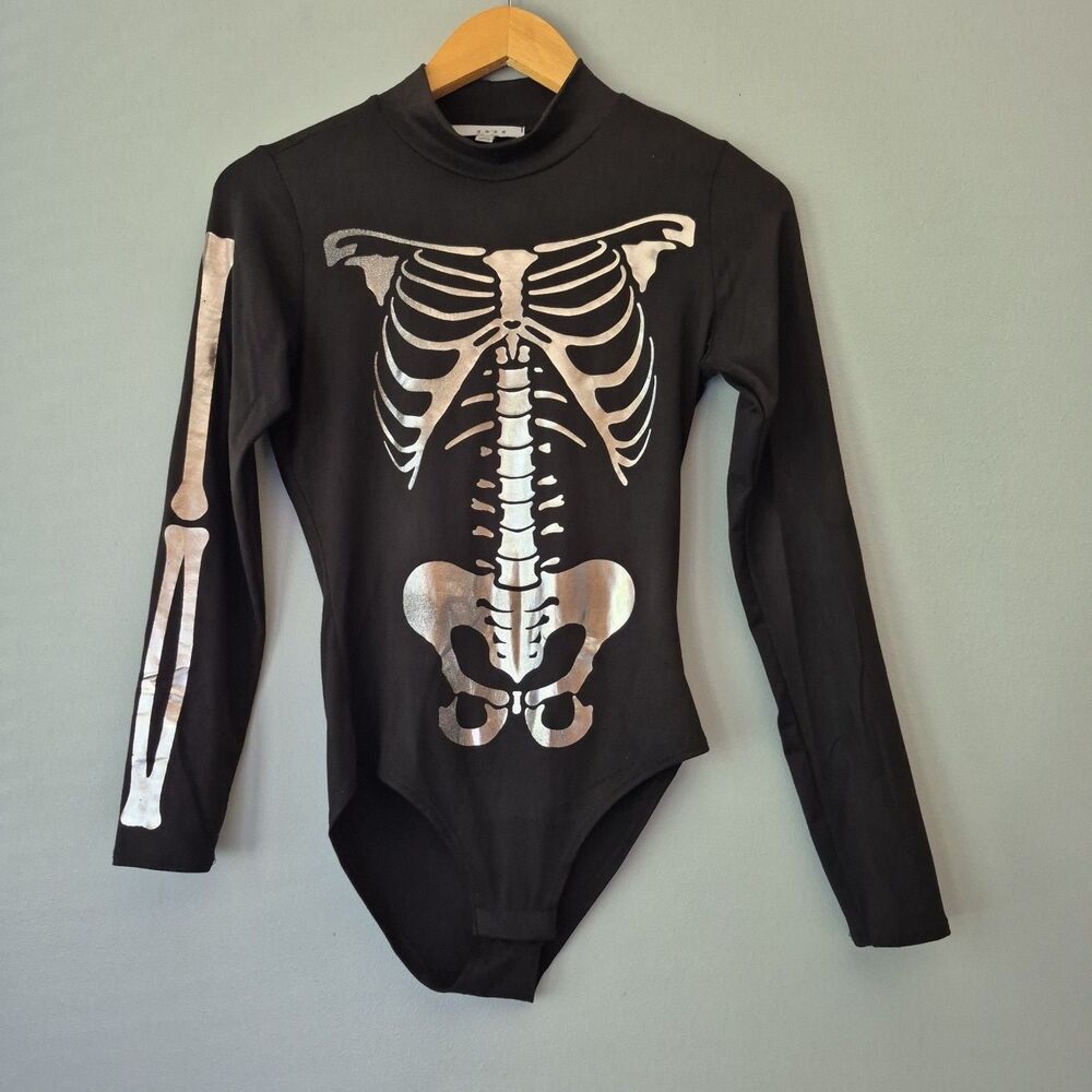 Gaze Black Silver Long Sleeve Mock Neck Skeleton Cosplay Bodysuit Womens XS